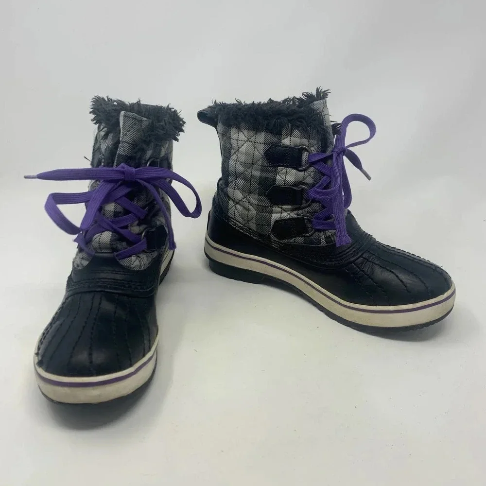 Sorel Tivoli II Leather Plaid Lace-Up Snow Boots‎ Black Gray Purple Size US 5